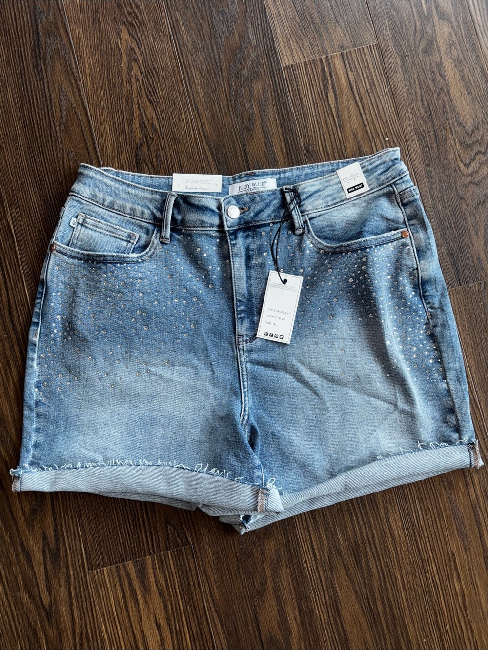 Judy Blue Light Wash Denim Rhinestone Roll-Cuff Shorts